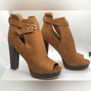Shoe Republic LA Chestnut Suede Peep-Toe Platform Booties
